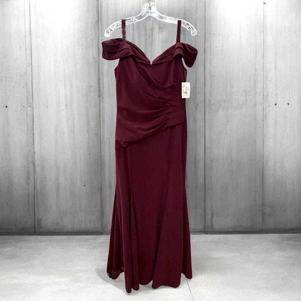 NWT Oleg Cassini 8 Burgundy Cold Shoulder Ruched Mermaid Evening Maxi Gown Dress